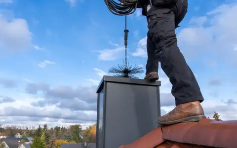 Sotare på taket med verktyg för sotning. En brandskyddskontroll pris kan variera beroende på skorstenens skick.