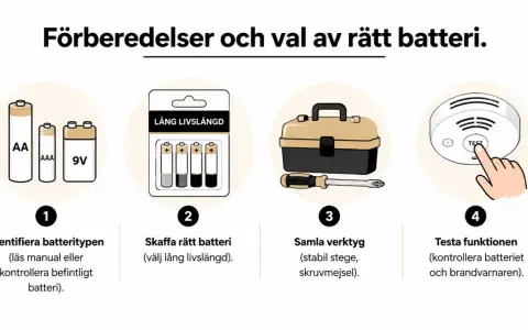 Steg för att ta ner brandvarnare: identifiera batteri, köp nytt, samla verktyg och testa funktionen.