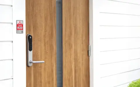 En modern ytterdörr med ett Yale Doorman Classic vs V2N lås. Dörren är i trä och husfasaden är vit.
