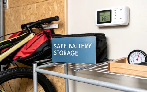 Säker förvaring av batterier, som litiumjonbatteri brand, är viktigt. Cykel och förvaringslåda syns.