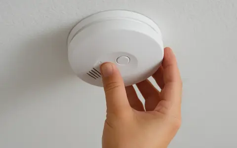 En hand trycker på testknappen för att byta batteri i brandvarnaren. Säkerhet först!