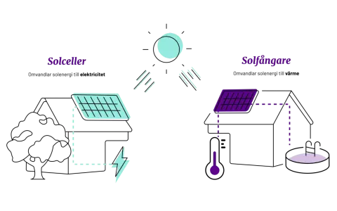 Diagram visar solceller som omvandlar solljus till el och solfångare som värmer vatten. Ingen farlig strålning från solceller.