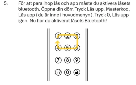 Instruktioner för att byta kod på Yale Doorman. En gul linje visar hur man drar fingret över siffrorna 1-2-3-6-5-4 för att aktivera Bluetooth.