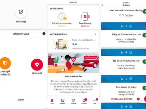Verisure Guardian-funktionen löser ett problem med att skicka kontaktlarm. Appen visar brandskydd, automatisering och rutiner.