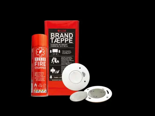 Brandskyddsprodukter: en brandfilt, en brandsläckare (bbr 29) och en brandvarnare.