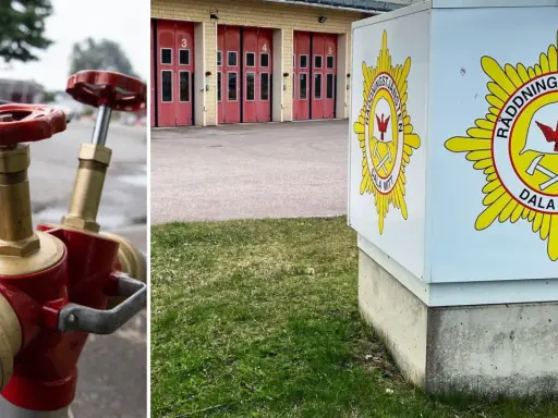 Brandpost i Sverige och räddningstjänstens logotyp. Brandposten är röd och mässing. Logotypen har en örn och korslagda yxor.