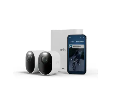 Arlo-kameror med lång arlo batteritid. En mobil visar "Person upptäckt" med en cyklist.