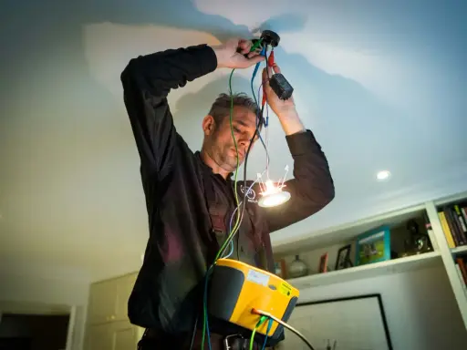 En auktoriserad elektriker kopplar in en ny taklampa. Han har en gul mätutrustning runt halsen.