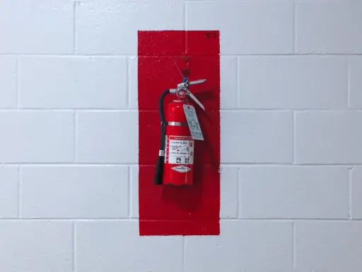 Brandskydd garage: Röd brandsläckare hänger på en vit tegelvägg, markerad med en röd rektangel.