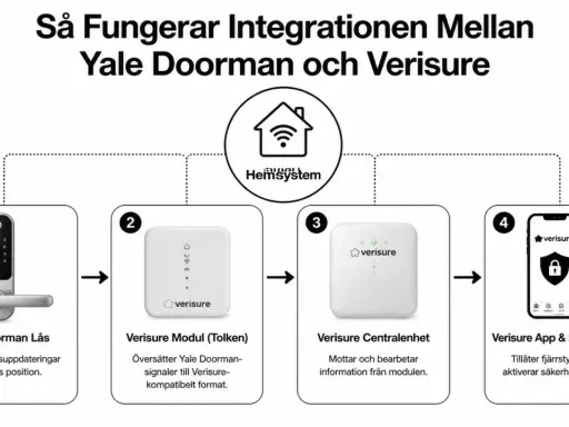 Diagram visar hur ett Yale Doorman lås integreras med Verisure. Låset skickar status, modulen översätter, centralenheten bearbetar och appen fjärrstyr.
