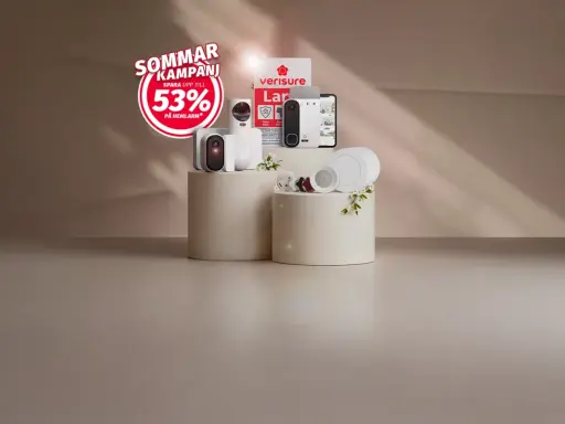 Sommarkampanj med upp till 53% rabatt på hemlarm. Verisure brandvarnare och andra säkerhetsprodukter visas.