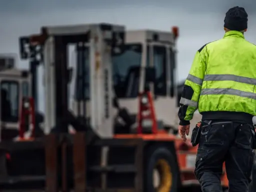 Arbetare i varseljacka inspekterar en truckladdning med flera gaffeltruckar i bakgrunden.