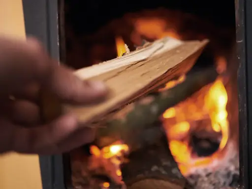 En hand lägger ved i en kamin där elden flammande ryker in från.