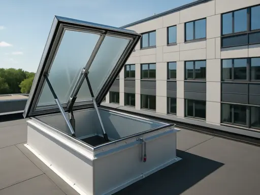 En öppen röklucka på ett platt tak, med en modern byggnad i bakgrunden.