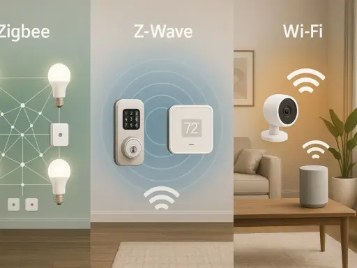 Smarta hem-teknologier: Zigbee för belysning, Z-Wave för lås och termostat (som i ett Verisure-system), och Wi-Fi för kamera och högtalare.