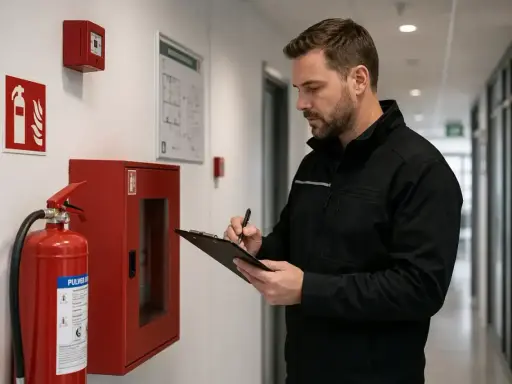 Man gör egenkontroll brandskydd. Han kontrollerar brandsläckare och brandsläckningsutrustning i en korridor.