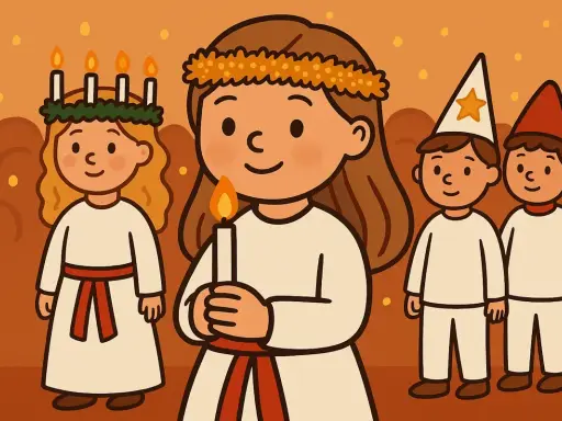 Söta barn i vita dräkter med ljus och kransar. En lucia med ljus i handen leder ett följe av barn, redo för en stämningsfull luciafirande.