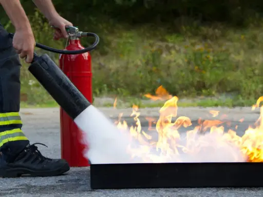 Person i skyddskläder släcker eld med brandsläckare. Praktisk brand utbildning för säkerhet.