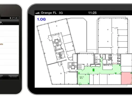 En mobilapp för säkerhet visar en planlösning med olika områden, vissa gröna (aktiva) och ett rött (larm). En lista visar status för varje område, som "01 disarmed". Denna alert alarm app ger överblick.