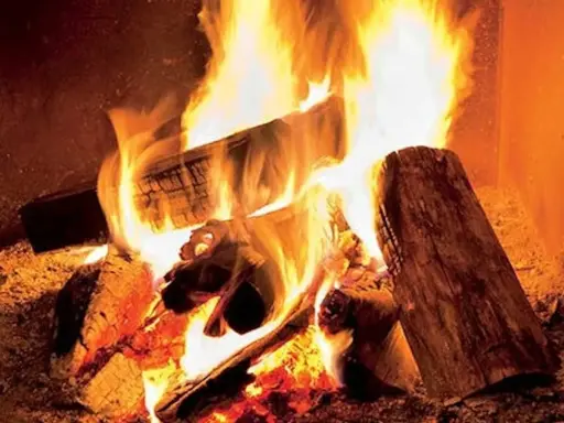 Eldar med tallved i en sprakande brasa. Värmen sprider sig från de glödande stockarna.