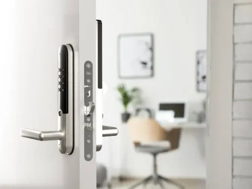 Ett modernt, silverfärgat assa elektroniskt lås med kodpanel och handtag på en vit dörr. I bakgrunden syns ett kontor.