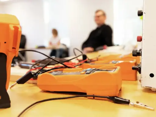 Orange multimeters och en vit apparat på ett bord, redo för pyroteknik utbildning.