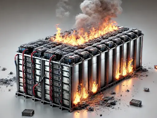 Batteripack i brand, med lågor som slickar sidorna och rök som stiger. En skrämmande termisk rusning som visar batteriets farliga potential.