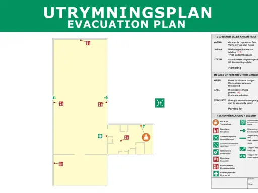 Utrymningsplan med symboler som visar brandsläckare, utrymningsvägar och återsamlingsplats.