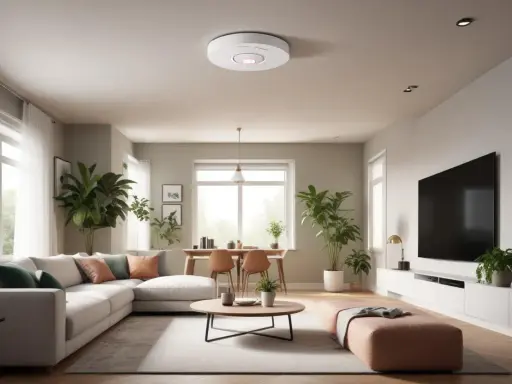 En modern lägenhet med en Ring Alarm brandvarnare i taket. Vardagsrummet är ljust och luftigt med en stor soffa, växter och ett matbord.