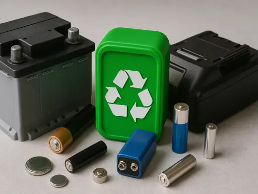 Olika batterier, inklusive ett bilbatteri och mindre AA-batterier, samlade runt en grön återvinningsbehållare med återvinningssymbolen. Viktigt för återvinning litiumbatterier.