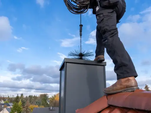 Sotare på taket med verktyg för sotning. En brandskyddskontroll pris kan variera beroende på skorstenens skick.