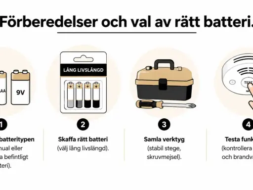 Steg för att ta ner brandvarnare: identifiera batteri, köp nytt, samla verktyg och testa funktionen.