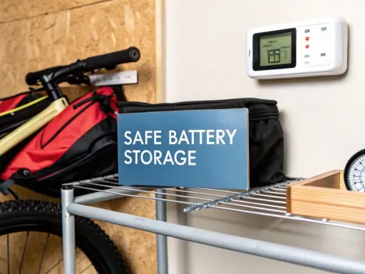 Säker förvaring av batterier, som litiumjonbatteri brand, är viktigt. Cykel och förvaringslåda syns.