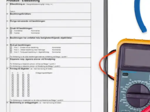 Protokoll för elbesiktning med multimeter och blå kabel. En besiktningsman el använder dessa verktyg för att säkerställa elsäkerhet.