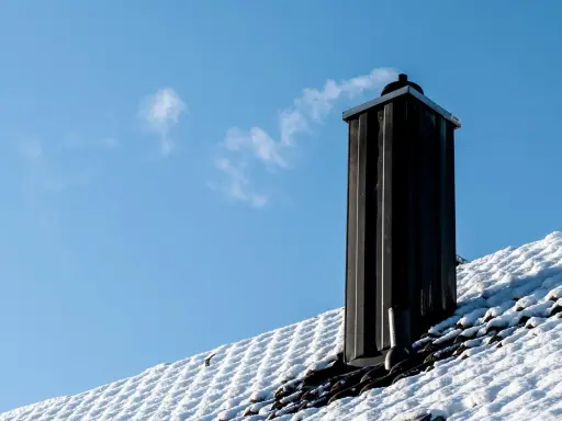 En svart skorsten av plåt ryker på ett snötäckt tak mot en klarblå himmel.