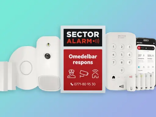 Säkerhetssystem från Sector Alarm med varningslampa, larmpanel, sensorer och mobilapp. Omedelbar respons vid larm.