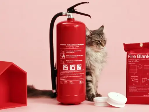En katt spanar in en röd brandsläckare och en brandfilt. Ett litet rött hus står bredvid.