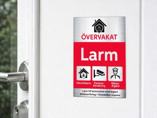 En larmskylt utan larm, men med symboler för inbrottslarm, kameraövervakning och väktaråtgärd, sitter på en vit dörr.
