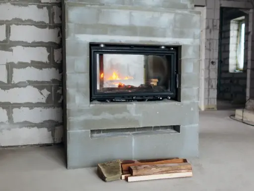 En nyinstallerad kamin med eld i, omgiven av byggmaterial. Snart blir det varmt och mysigt!