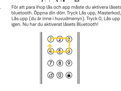 Instruktioner för att byta kod på Yale Doorman. En gul linje visar hur man drar fingret över siffrorna 1-2-3-6-5-4 för att aktivera Bluetooth.