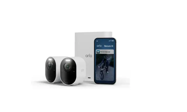 Arlo-kameror med lång arlo batteritid. En mobil visar "Person upptäckt" med en cyklist.