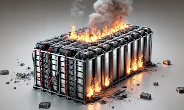 Batteripack i brand, med lågor som slickar sidorna och rök som stiger. En skrämmande termisk rusning som visar batteriets farliga potential.