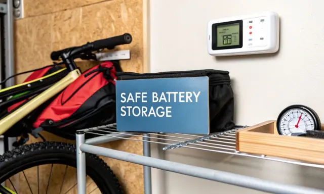 Säker förvaring av batterier, som litiumjonbatteri brand, är viktigt. Cykel och förvaringslåda syns.