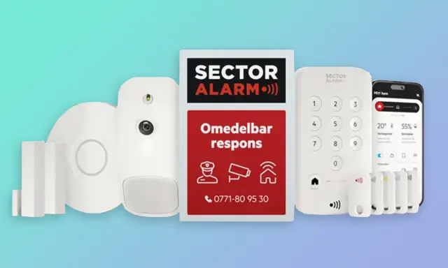 Säkerhetssystem från Sector Alarm med varningslampa, larmpanel, sensorer och mobilapp. Omedelbar respons vid larm.
