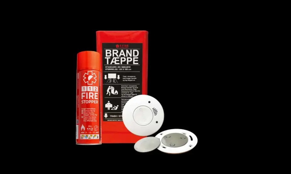 Brandskyddsprodukter: en brandfilt, en brandsläckare (bbr 29) och en brandvarnare.