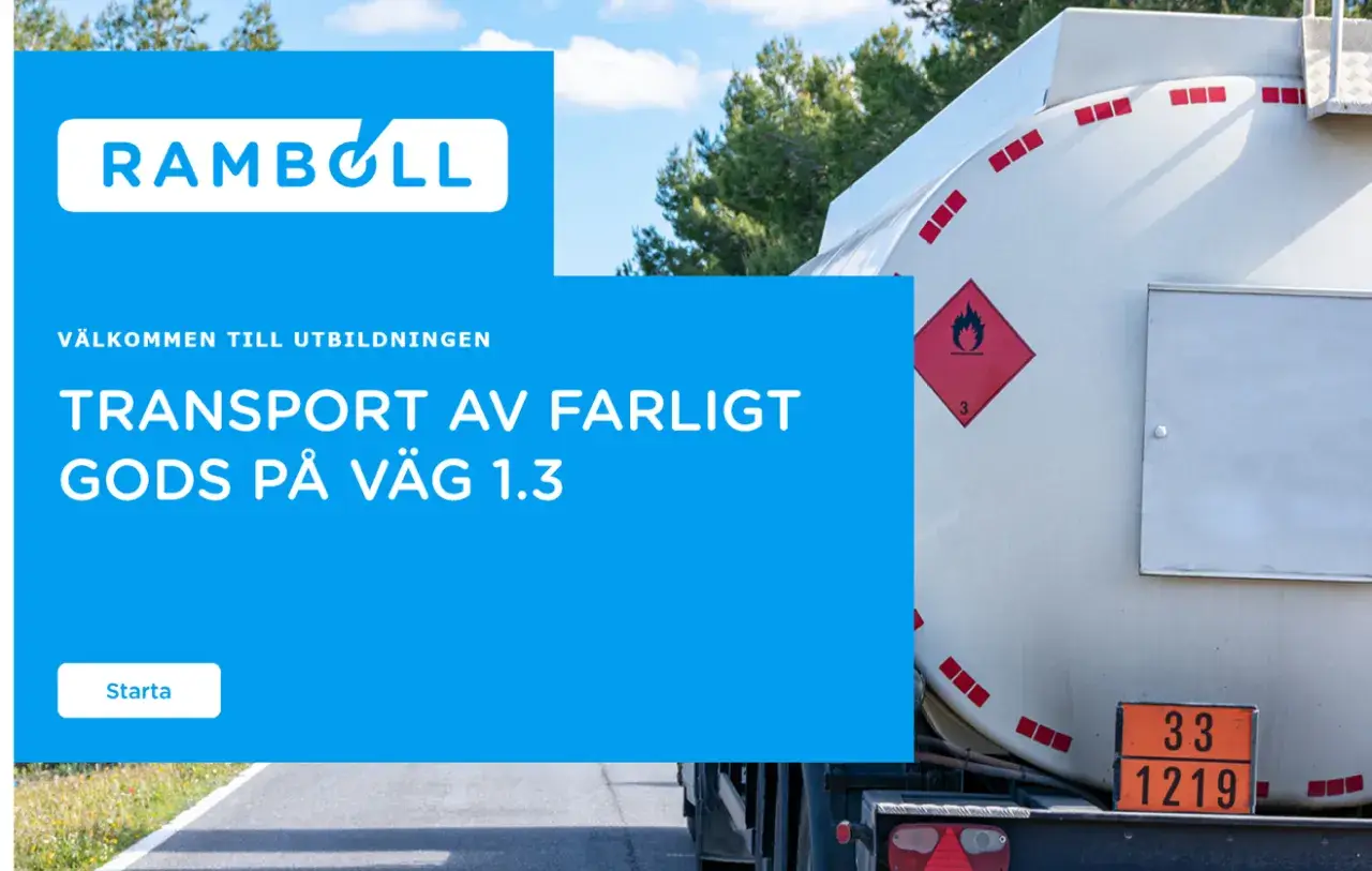 Utbildning i transport av farligt gods på väg. Tankbil med varningssymboler för brandfarligt material.