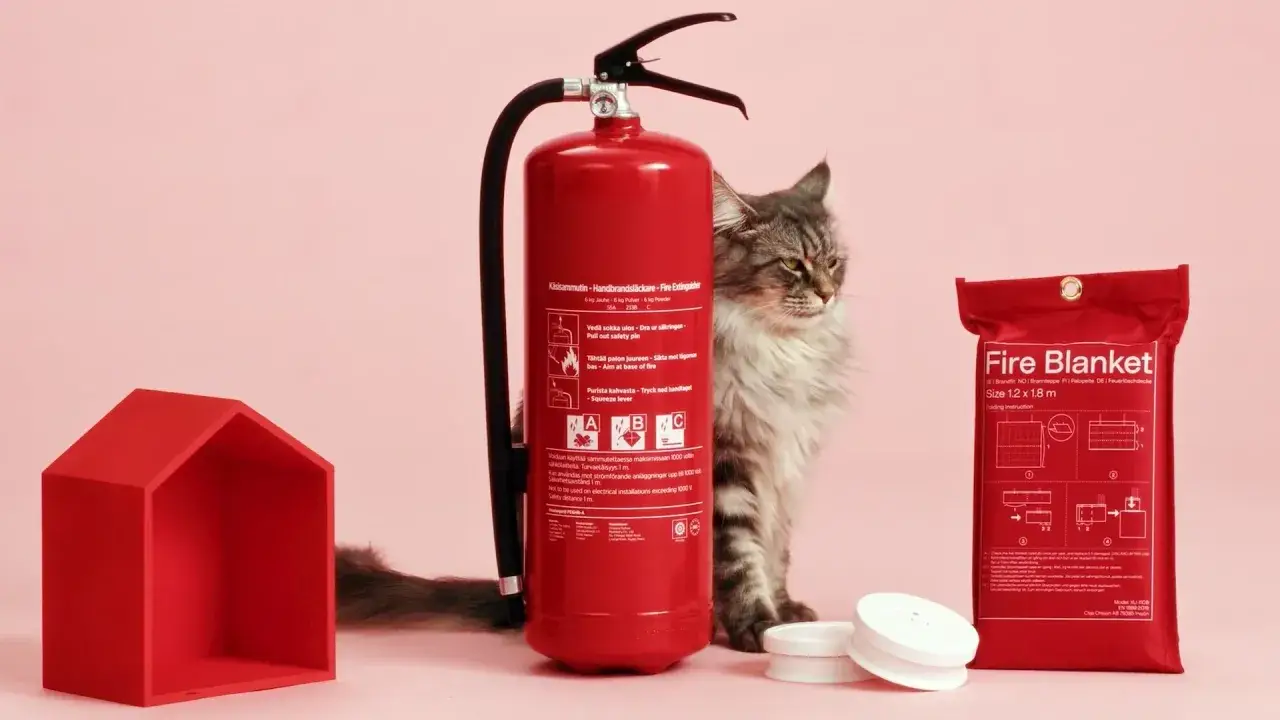 En katt spanar in en röd brandsläckare och en brandfilt. Ett litet rött hus står bredvid.