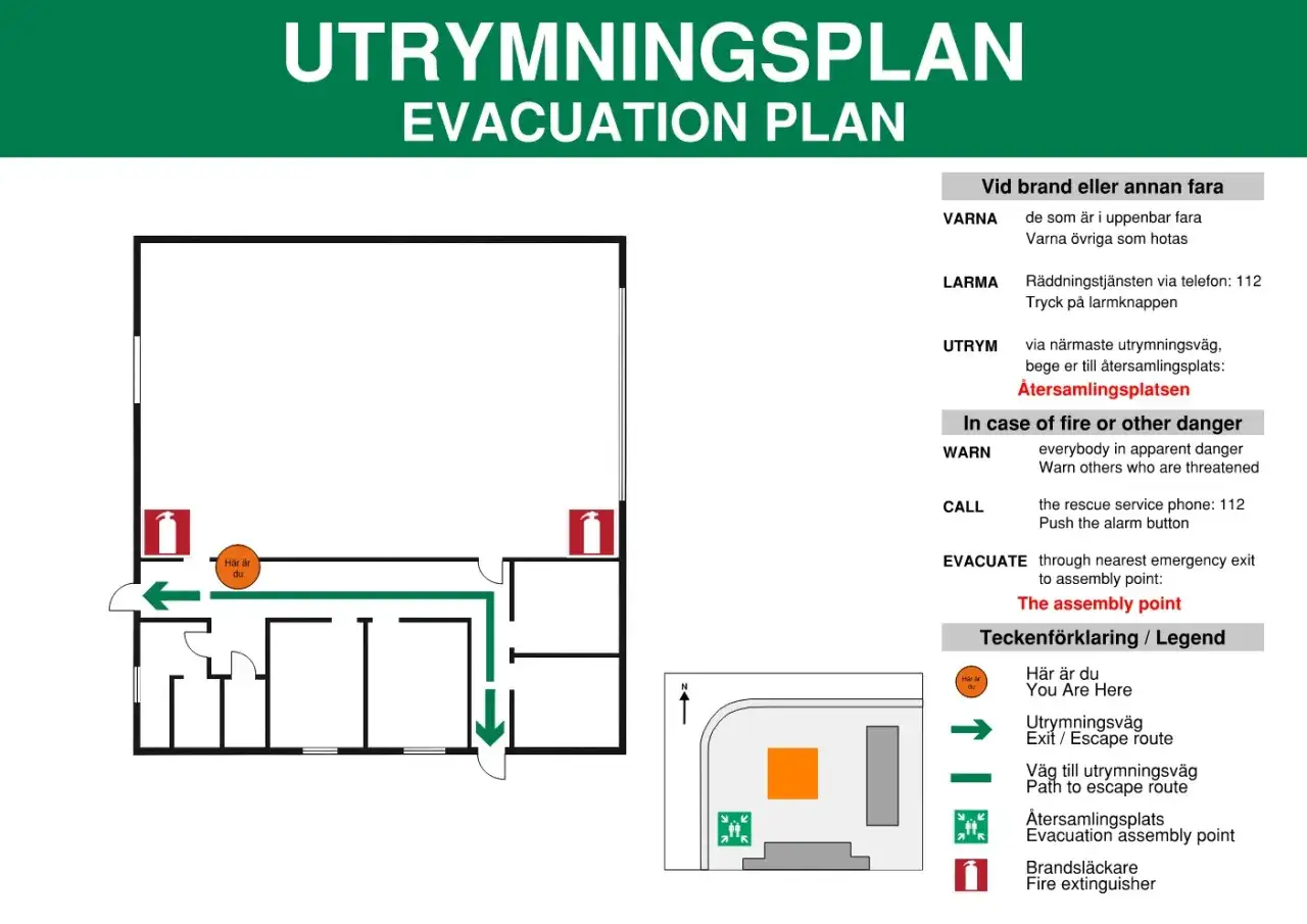 Utrymningsplan med instruktioner för brand. En plan visar utrymningsvägar och samlingsplats. Viktig för brand utbildning.