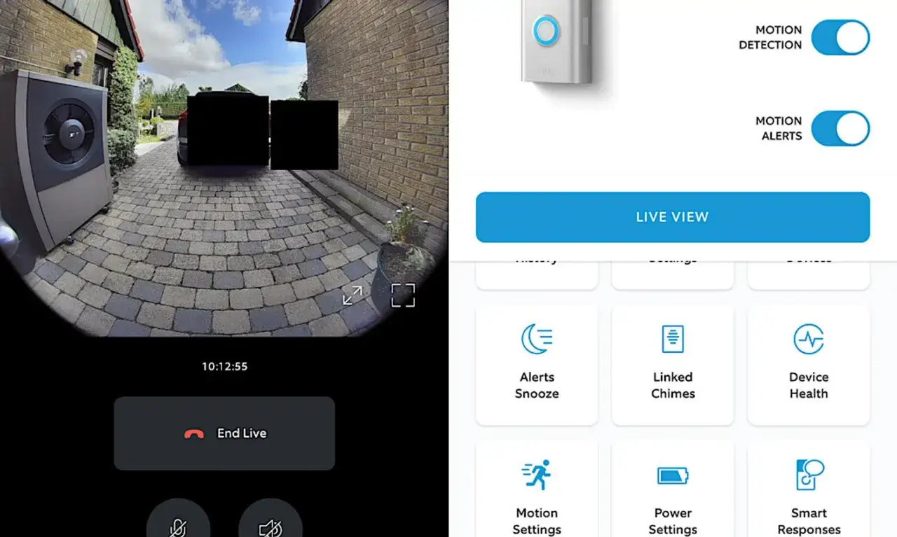 Ring-dörrklocka med rörelsedetektering och larmfunktion. Appen visar livevy och inställningar för brandvarnare.