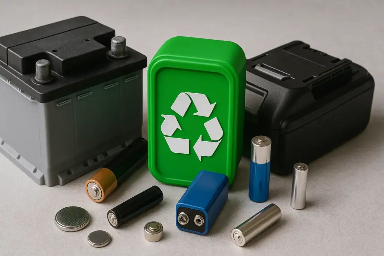 Olika batterier, inklusive ett bilbatteri och mindre AA-batterier, samlade runt en gr&ouml;n &aring;tervinningsbeh&aring;llare med &aring;tervinningssymbolen. Viktigt f&ouml;r &aring;tervinning litiumbatterier.